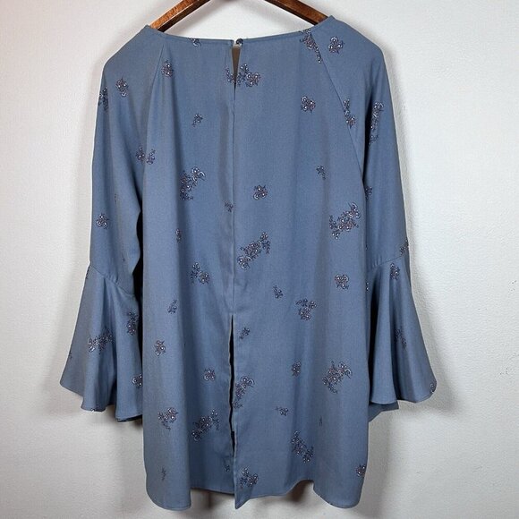 LC Lauren Conrad Women's Bell Sleeve Blouse Size XL Blue Floral Split Back - Picture 4 of 11